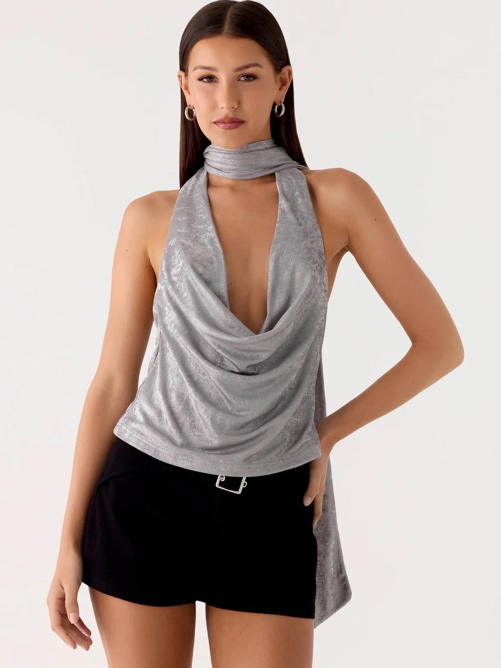 Peppermayo Silver Draped Halter Camisole with Neck Scarf